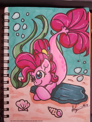 Size: 1024x1365 | Tagged: safe, artist:yoshimarsart, pinkie pie, earth pony, pony, seapony (g4), g4, my little pony: the movie, blue eyes, bubble, coral, cute, diapinkes, dorsal fin, female, fin, fins, fish tail, flowing mane, flowing tail, freckles, happy, jewelry, mare, ocean, scales, seaponified, seapony pinkie pie, seashell, seaweed, smiling, solo, species swap, tail, traditional art, underwater, water, wings