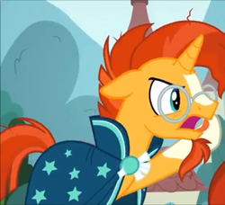 Size: 789x720 | Tagged: safe, screencap, sunburst, pony, unicorn, g4, the parent map, angry, beard, cape, clothes, cropped, facial hair, glasses, male, robe, solo, stallion, sunburst's cloak, sunburst's glasses