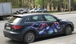 Size: 1030x594 | Tagged: safe, lightning dust, pegasus, pony, g4, audi, audi a3, car, decal, female, flying, irl, itasha, lightning, mare, moscow, photo, russia, solo