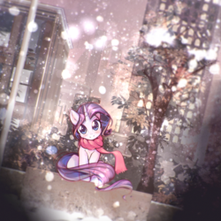 Size: 2800x2800 | Tagged: safe, artist:mirroredsea, rarity, pony, unicorn, blushing, building, city, cityscape, clothes, cute, dutch angle, female, head tilt, horn, looking at you, mare, outdoors, raribetes, scarf, sitting, skyline, smiling, snow, snowfall, solo, tree, winter outfit