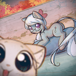 Size: 3000x3000 | Tagged: safe, artist:mirroredsea, silver spoon, cat, earth pony, pony, g4, autumn, cute, female, filly, glasses, high res, leaves, looking at you, photobomb, prone, selfie, smiling, wall