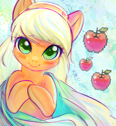 Size: 2661x2900 | Tagged: safe, artist:jucexc, artist:mirroredsea, applejack, earth pony, pony, g4, alternate hairstyle, apple, bipedal, clothes, cute, female, food, hairband, high res, jackabetes, looking at you, mare, smiling, solo