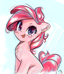 Size: 2447x2821 | Tagged: safe, artist:mirroredsea, pinkie pie, earth pony, pony, g4, :p, abstract background, alternate hairstyle, cute, diapinkes, ear fluff, female, high res, looking at you, mare, sitting, solo, tongue out