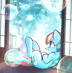 Size: 2651x2680 | Tagged: safe, artist:mirroredsea, rainbow dash, pegasus, pony, g4, bubble, cute, dashabetes, female, folded wings, furin, high res, leaning, looking at something, looking away, looking up, mare, solo, tree, wind chime