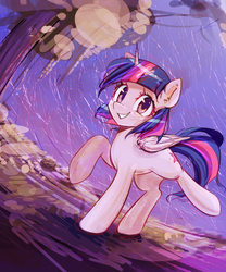 Size: 2638x3171 | Tagged: safe, artist:mirroredsea, twilight sparkle, alicorn, pony, g4, alternate hairstyle, female, high res, looking at you, mare, raised leg, short mane, smiling, solo, twilight sparkle (alicorn)