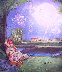 Size: 2874x3289 | Tagged: safe, artist:mirroredsea, bright mac, pear butter, earth pony, pony, g4, the perfect pear, canon ship, cowboy hat, cuddling, eyes closed, female, fireworks, full moon, hat, high res, husband and wife, male, mare, moon, night, ship:brightbutter, shipping, smiling, stallion, stetson, straight, tree, under the tree