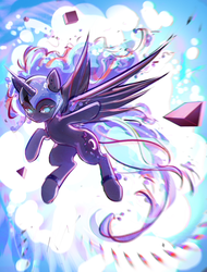 Size: 2812x3701 | Tagged: safe, artist:mirroredsea, nightmare moon, alicorn, pony, g4, antagonist, chromatic aberration, explosion, female, flying, helmet, high res, mare, solo