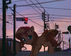Size: 3206x2532 | Tagged: safe, artist:mirroredsea, sunset shimmer, pony, unicorn, g4, blushing, cute, ear fluff, female, high res, looking at you, mare, open mouth, raised hoof, shimmerbetes, shy, solo, traffic light, twilight (astronomy), wires