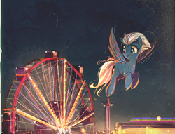 Size: 3656x2800 | Tagged: safe, artist:mirroredsea, night glider, pegasus, pony, g4, cute, female, ferris wheel, flying, glideabetes, high res, looking back, mare, night, open mouth, smiling, solo, spread wings, wings