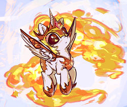 Size: 2765x2335 | Tagged: safe, artist:mirroredsea, daybreaker, alicorn, pony, a royal problem, g4, chibi, cute, diabreaker, female, helmet, high res, horn, looking away, looking up, mane of fire, mare, solo, spread wings, sweet dreams fuel, wings