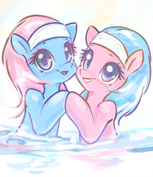 Size: 2806x3252 | Tagged: safe, artist:mirroredsea, aloe, lotus blossom, earth pony, pony, g4, aloebetes, bust, colored sketch, cute, duo, duo female, female, headband, high res, looking at you, lotusbetes, mare, siblings, sisters, smiling, spa twins, spaww twins, twins, water