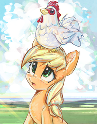Size: 1933x2460 | Tagged: safe, artist:mirroredsea, applejack, chicken, earth pony, pony, g4, cloud, cucco, cute, ear fluff, female, freckles, high res, jackabetes, looking up, mare, missing accessory, sitting on head, solo, the legend of zelda