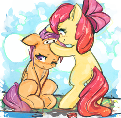 Size: 2725x2645 | Tagged: safe, artist:mirroredsea, apple bloom, scootaloo, earth pony, pegasus, pony, g4, adorabloom, bandaid, bipedal, blank flank, bow, caring, crying, cute, cutealoo, duo, duo female, female, filly, floppy ears, hair bow, high res, missing cutie mark, scootalove, sitting, smiling, this already ended in pain