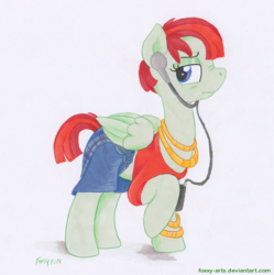 Size: 950x952 | Tagged: safe, artist:foxxy-arts, valley glamour, pegasus, pony, g4, clothes, earbuds, female, headphones, looking at you, mare, midriff, nose wrinkle, profile, raised hoof, shirt, signature, solo, traditional art, walkman