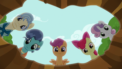 Size: 1280x720 | Tagged: safe, screencap, apple bloom, mr. paleo, mrs. paleo, scootaloo, sweetie belle, g4, the fault in our cutie marks, cutie mark crusaders, hole, looking down, tree