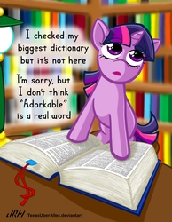 Size: 720x928 | Tagged: safe, artist:texasuberalles, twilight sparkle, pony, unicorn, g4, adorkable, book, bookhorse, cute, dictionary, dork, female, filly, filly twilight sparkle, frown, hilarious in hindsight, impossibly large book, library, looking up, open mouth, reality ensues, solo, talking, that pony sure does love books, twiabetes, unicorn twilight, younger