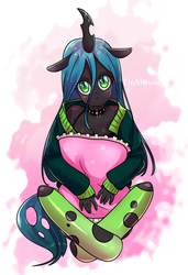 Size: 614x900 | Tagged: safe, artist:draltruist, queen chrysalis, changeling, changeling queen, anthro, unguligrade anthro, g4, choker, clothes, cute, cutealis, female, looking at you, pillow, sad, signature, solo, spiked choker, stockings, thigh highs