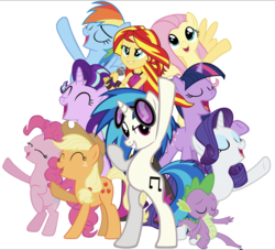 Size: 1271x1154 | Tagged: safe, editor:php77, applejack, dj pon-3, fluttershy, pinkie pie, rainbow dash, rarity, spike, starlight glimmer, sunset shimmer, twilight sparkle, vinyl scratch, pony, equestria girls, g4, my little pony equestria girls: rainbow rocks, mane six, simple background, transparent background