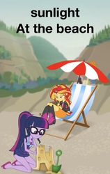 Size: 920x1458 | Tagged: safe, editor:php77, drama letter, sci-twi, sunset shimmer, twilight sparkle, valhallen, watermelody, equestria girls, equestria girls series, g4, x marks the spot, beach chair, blurry background, book, boots, chair, clothes, geode of telekinesis, glasses, magical geodes, ponytail, sandals, sandcastle, shoes, shovel, swimsuit, umbrella