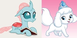 Size: 1350x673 | Tagged: safe, ocellus, changedling, changeling, dog, g4, book, palace pets, pumpkin (palace pets)