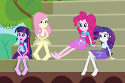 Size: 1160x771 | Tagged: safe, edit, edited screencap, editor:grapefruitface, screencap, fluttershy, pinkie pie, rarity, twilight sparkle, equestria girls, g4, my little pony equestria girls, barefoot, barefooting, feet, group, group photo, sitting