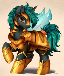 Size: 2850x3409 | Tagged: safe, artist:pridark, oc, oc only, pony, unicorn, armor, commission, guardian, high res, male, signature, simple background, solo, wings
