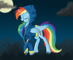 Size: 1200x1000 | Tagged: safe, artist:yourfavoritelove, rainbow dash, pegasus, pony, g4, clothes, earbuds, eyes closed, female, full moon, hoodie, ipod, listening, mare, moon, music, night, open mouth, raised hoof, singing, solo, stars, walking