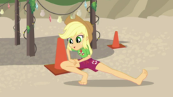 Size: 706x397 | Tagged: safe, screencap, applejack, equestria girls, equestria girls series, g4, turf war, barefoot, beach, clothes, cropped, feet, female, legs, lifeguard, sexy, shorts, solo, swimsuit