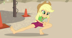 Size: 603x323 | Tagged: safe, screencap, applejack, equestria girls, g4, my little pony equestria girls: better together, turf war, barefoot, beach, clothes, feet, female, geode of super strength, legs, lifeguard, magical geodes, sand, sexy, shorts, solo, stretching, swimsuit