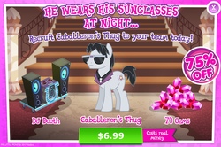 Size: 1956x1299 | Tagged: safe, gameloft, withers, earth pony, pony, g4, my little pony: magic princess, advertisement, corey hart, costs real money, dj booth, game screencap, greed, greedloft, henchmen, introduction card, male, solo, song reference, stallion, sunglasses at night
