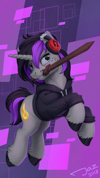 Size: 1500x2667 | Tagged: safe, artist:1jaz, oc, oc only, oc:purple flame, pony, clothes, cloven hooves, freckles, headphones, hoodie, male, mouth hold, signature, solo, stallion, wooden sword