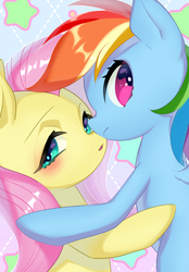 Size: 694x1000 | Tagged: safe, artist:yam, fluttershy, rainbow dash, pegasus, pony, g4, blushing, female, lesbian, looking at you, mare, ship:flutterdash, shipping