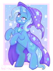 Size: 2380x3200 | Tagged: safe, artist:bunxl, artist:shyshyoctavia, trixie, pony, unicorn, g4, cape, clothes, collaboration, ethereal mane, female, hat, heart, heart eyes, high res, solo, starry eyes, starry mane, starry tail, tail, trixie's cape, trixie's hat, wingding eyes