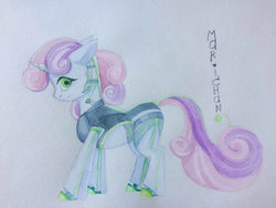Size: 1024x768 | Tagged: safe, artist:i-just-mari, sweetie belle, pony, robot, robot pony, unicorn, g4, female, filly, looking at you, profile, simple background, solo, sweetie bot, traditional art, white background