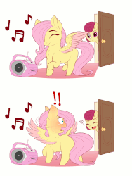 Size: 1000x1332 | Tagged: safe, artist:evehly, fluttershy, posey shy, pegasus, pony, :>, animated, blushing, caught, chest fluff, colored wings, colored wingtips, comic, cute, daaaaaaaaaaaw, dancing, door, embarrassed, evehly is trying to murder us, exclamation point, eyes closed, female, filly, filly fluttershy, happy, heart, hnnng, looking back, mare, missing accessory, missing cutie mark, mother and daughter, music notes, no glasses, radio, raised hoof, raised leg, shyabetes, simple background, smiling, spread wings, spying, surprised, two-frame gif, watching, white background, wide eyes, wings, younger