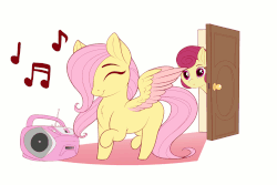 Size: 1000x666 | Tagged: safe, artist:evehly, fluttershy, posey shy, pegasus, pony, g4, animated, blank flank, colored wings, colored wingtips, cute, dancing, door, duo, evehly is trying to murder us, eyes closed, female, filly, filly fluttershy, hair over one eye, hnnng, mare, missing accessory, mother and daughter, no glasses, radio, shyabetes, simple background, smiling, spread wings, spying, two-frame gif, white background, wings, younger