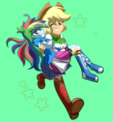 Size: 2500x2700 | Tagged: safe, artist:geraritydevillefort, applejack, rainbow dash, equestria girls, g4, blushing, boots, breasts, bridal carry, bust, carrying, clothes, collar, compression shorts, cowboy hat, crossed arms, denim skirt, embarrassed, female, freckles, frown, hat, high res, jacket, lesbian, long hair, multicolored hair, one eye closed, ship:appledash, shipping, shirt, shoes, skirt, smiling, stetson, sulking, t-shirt, teenager, teeth, unamused, wink, zettai ryouiki