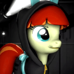Size: 284x284 | Tagged: safe, artist:sourcerabbit, oc, oc only, oc:film flick, earth pony, pony, 3d, animated, bunny ears, camera, clothes, costume, cute, dangerous mission outfit, female, hoodie, looking at you, mare, one eye closed, open mouth, solo, source filmmaker, wink