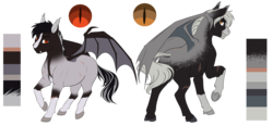 Size: 2892x1347 | Tagged: safe, artist:blackblood-queen, oc, oc only, oc:damion bates, oc:victor bates, bat pony, pony, bat pony oc, brothers, fangs, looking at you, male, raised hoof, reference sheet, scar, siblings, simple background, slit pupils, stallion, transparent background