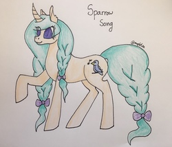 Size: 2240x1920 | Tagged: safe, artist:obsidiancrow13, oc, oc only, oc:sparrow song, pony, unicorn, curved horn, female, horn, mare, raised hoof, solo, traditional art