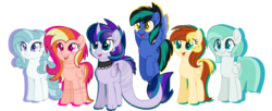 Size: 5400x2208 | Tagged: safe, artist:leanne264, oc, oc only, oc:flairy cloud, oc:mennie might, oc:raisy sea, oc:richie skail, oc:rikky miss, oc:tylie, earth pony, pegasus, pony, unicorn, base used, female, mare, movie accurate, simple background, transparent background