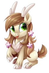 Size: 1600x2393 | Tagged: safe, artist:centchi, oc, oc only, deer, deer pony, original species, chest fluff, flower, flower in hair, simple background, solo, tongue out, traditional art, transparent background, unshorn fetlocks