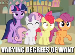 Size: 1264x934 | Tagged: safe, edit, edited screencap, screencap, apple bloom, scootaloo, sweetie belle, twilight sparkle, alicorn, pony, g4, surf and/or turf, :i, cutie mark crusaders, image macro, impact font, meme, reaction image, twilight sparkle (alicorn), upscaled, varying degrees of want
