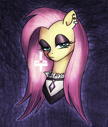 Size: 800x950 | Tagged: safe, artist:avelleva, fluttershy, pony, fake it 'til you make it, g4, bedroom eyes, bust, clothes, ear piercing, earring, eyeshadow, female, fluttergoth, jewelry, looking at you, makeup, mare, piercing, solo
