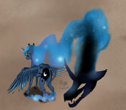 Size: 2280x1998 | Tagged: safe, artist:moondaneka, princess luna, alicorn, pony, g4, colored, colored hooves, curved horn, ethereal mane, female, galaxy mane, horn, leonine tail, mare, multiple heads, solo