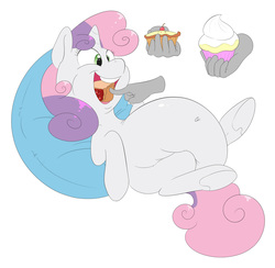 Size: 2736x2672 | Tagged: safe, artist:anonopony, sweetie belle, g4, belly, belly button, big belly, cropped, cupcake, disembodied hand, fat, feedee belle, feeding, food, hand, high res, pie, pillow, stuffing, sweetie belly, underhoof