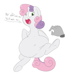 Size: 1704x1872 | Tagged: safe, artist:anonopony, sweetie belle, g4, belly, belly button, big belly, bloated, bottle, cropped, dialogue, disembodied hand, hand, inflation, soda, soda inflation, underhoof