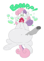 Size: 1448x2016 | Tagged: safe, artist:anonopony, sweetie belle, pony, unicorn, g4, belly, belly button, big belly, bloated, bottle, burp, chubbie belle, cropped, disembodied hand, female, filly, hand, inflation, poking, soda, soda inflation, squishy, sweetie belly, underhoof, wavy mouth