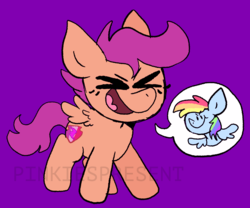 Size: 1018x849 | Tagged: safe, artist:pinkiespresent, rainbow dash, scootaloo, pegasus, pony, g4, >:), excited, eyes closed, fangirl, female, filly, happy, open mouth, purple background, simple background, smiling, smirk, solo, xd, yay