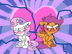 Size: 1024x768 | Tagged: safe, artist:pinkiespresent, scootaloo, sweetie belle, pegasus, pony, unicorn, g4, surf and/or turf, angry, crossed hooves, duo, female, filly, heart, unamused